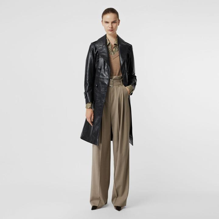 Burberry Burberry D-ring Detail Crinkled Leather Trench Coat, Size: 04, Black