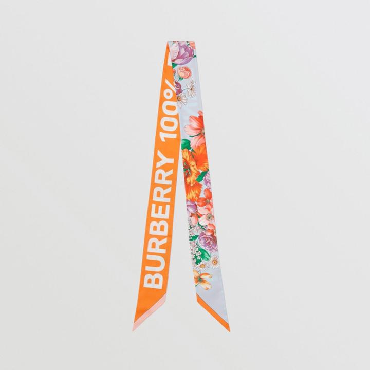 Burberry Burberry Floral And Logo Print Silk Skinny Scarf, Orange