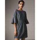 Burberry Burberry Bell Sleeve Cotton Chambray Dress With Check Detail, Size: 10, Blue