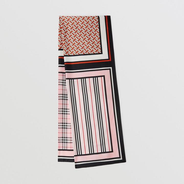 Burberry Burberry Monogram, Icon Stripe And Check Print Silk Scarf, Pink