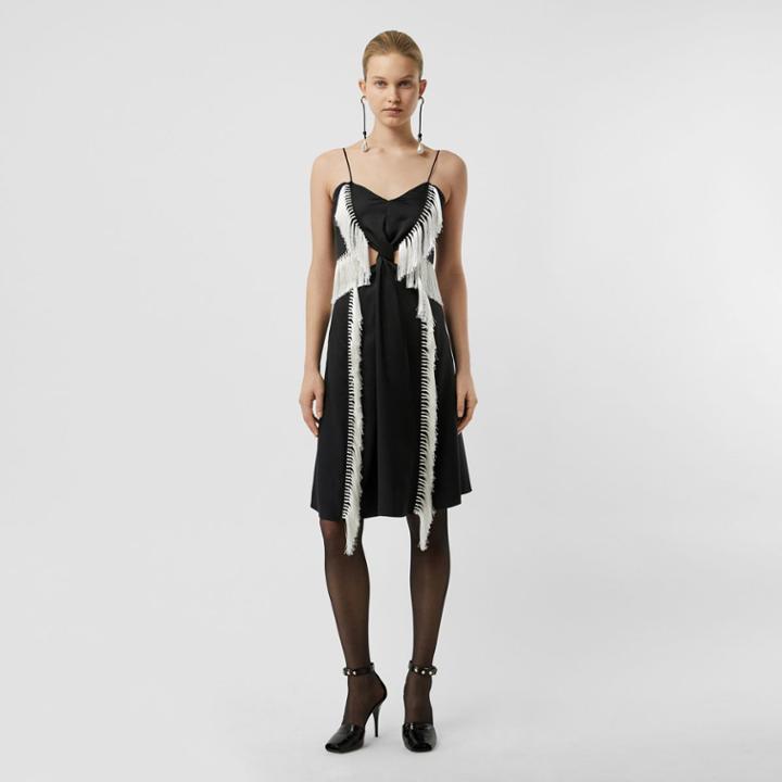 Burberry Burberry Fringe Detail Silk Satin Slip Dress, Size: 00, Black