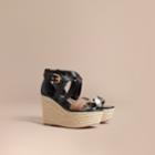 Burberry Burberry Leather And House Check Platform Espadrille Wedge Sandals, Size: 39, Black