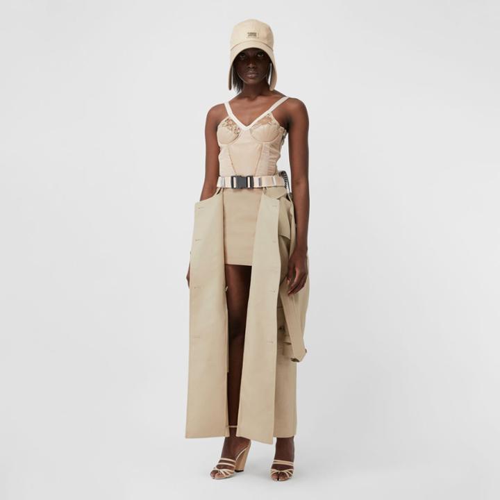 Burberry Burberry Detachable Trench Coat Detail Cotton Twill Mini Skirt, Size: 04, Beige