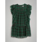 Burberry Burberry Ruffle Detail Check Silk Chiffon Dress, Size: 6y, Green