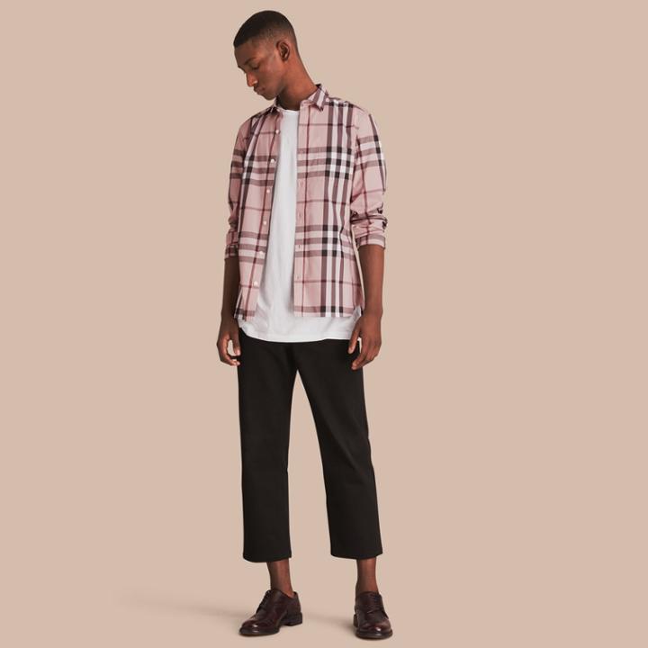 Burberry Burberry Check Stretch Cotton Shirt, Size: M, Pink