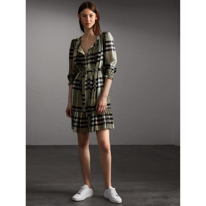 Burberry Burberry Ruffle Detail Check Cotton Dress, Size: 14, Green