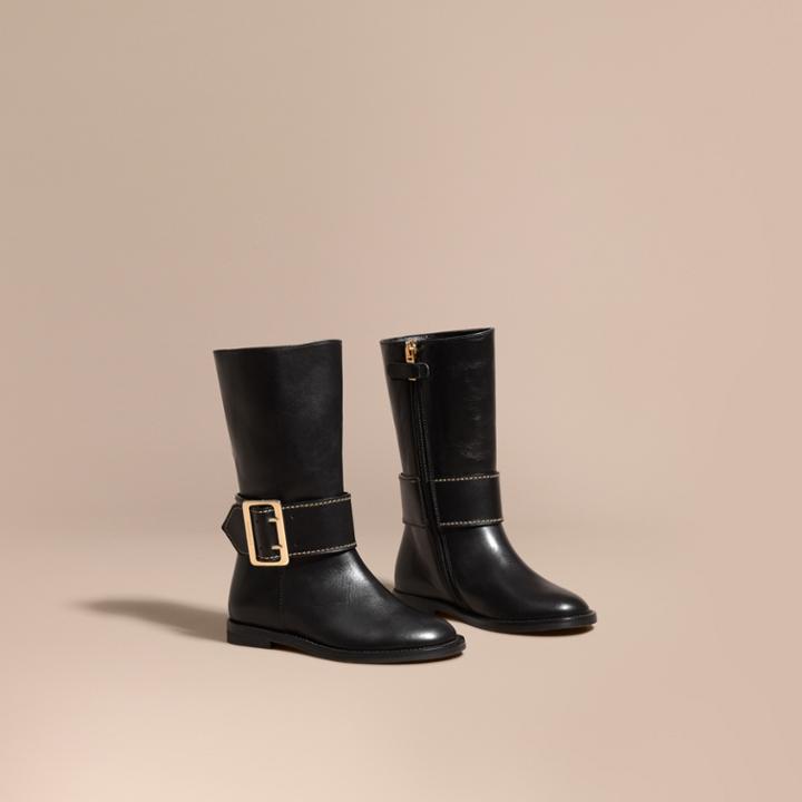 Burberry Burberry Buckle Detail Leather Riding Boots, Size: 33, Black
