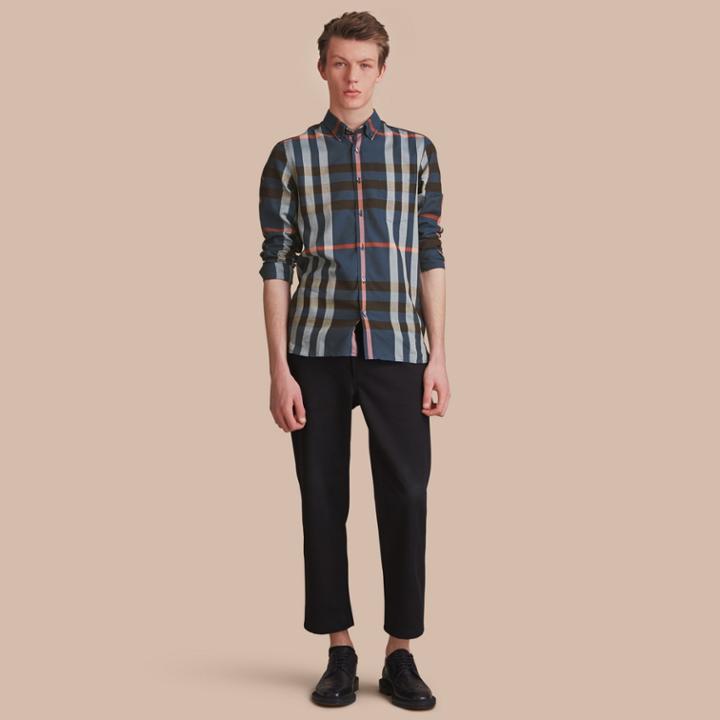 Burberry Burberry Button-down Collar Check Cotton Poplin Shirt, Blue