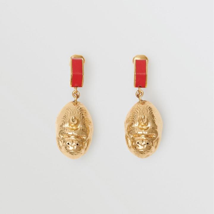 Burberry Burberry Leather And Gold-plated Nut And Gorilla Earrings, Red