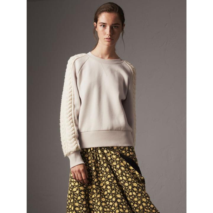 Burberry Burberry Cable Knit Wool Cashmere Panel Sweatshirt, White