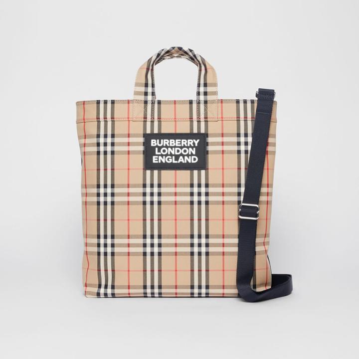Burberry Burberry Logo Appliqu Vintage Check Cotton Blend Tote, Beige
