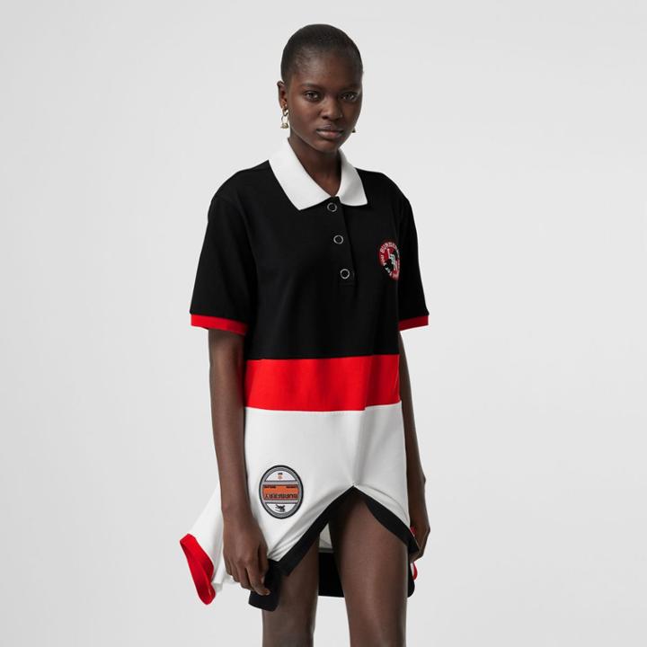 Burberry Burberry Striped Cotton Reconstructed Polo Shirt Dress, Black
