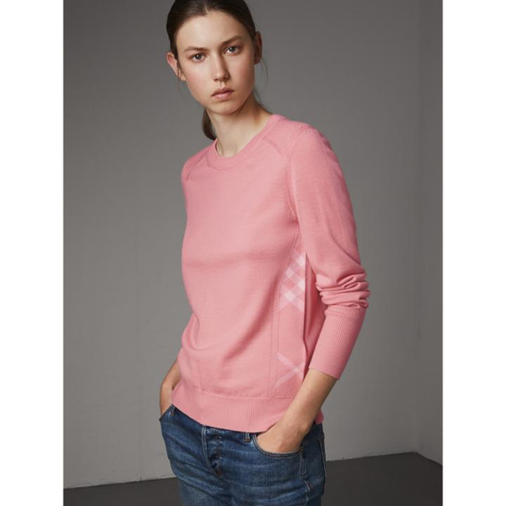 Burberry Burberry Check Detail Merino Wool Sweater, Size: Xl, Pink