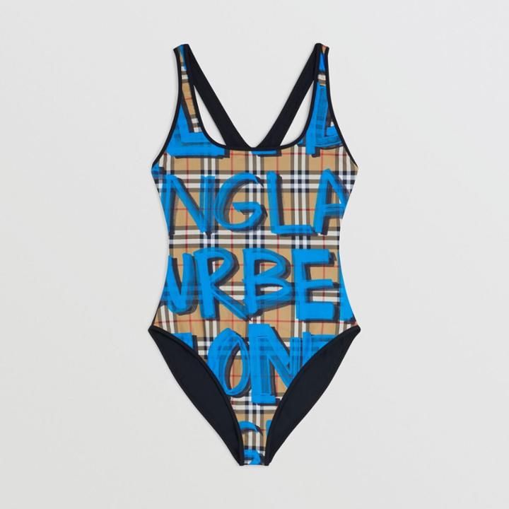 Burberry Burberry Graffiti Print Vintage Check Swimsuit, Blue