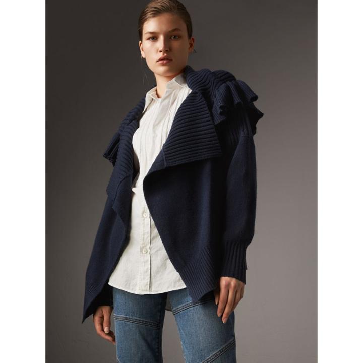Burberry Burberry Ruffle Detail Wool Cashmere Cardigan, Size: Xl, Blue