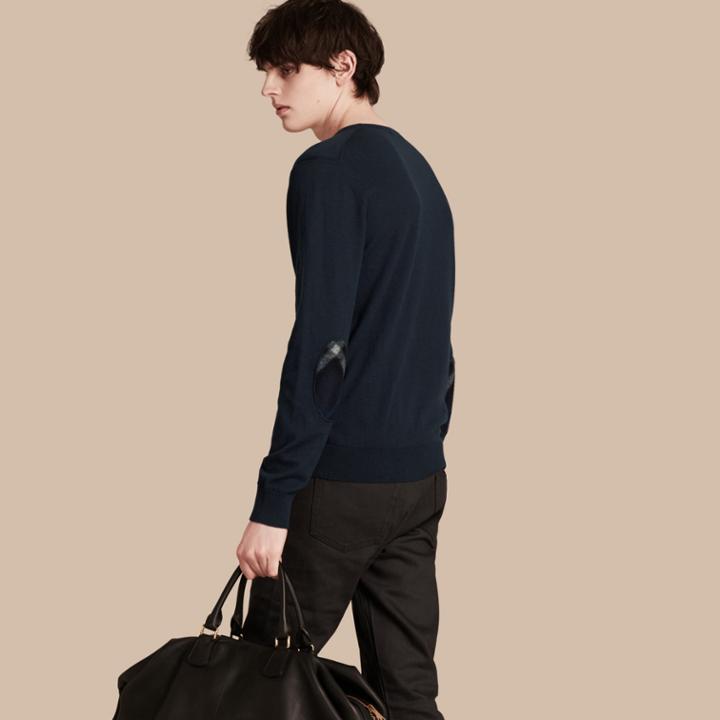 Burberry Burberry Check Trim Cashmere Cotton Sweater, Size: L, Blue