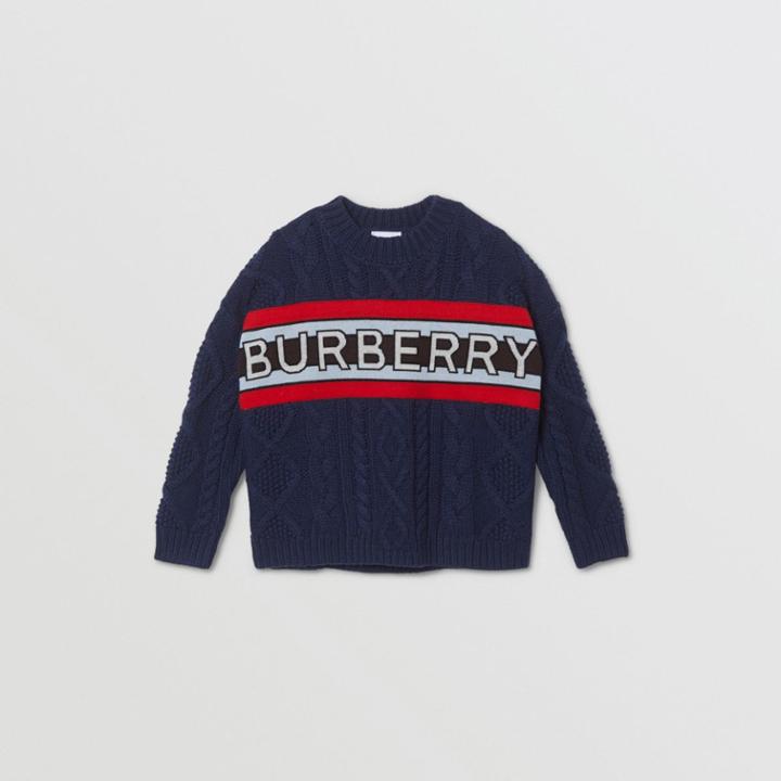 Burberry Burberry Childrens Logo Panel Cable Knit Wool Cashmere Sweater, Size: 10y, Blue