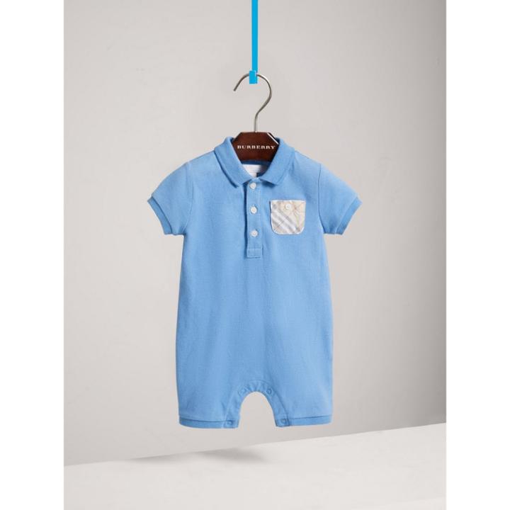 Burberry Burberry Check Detail Stretch Cotton Piqu Playsuit, Size: 24m, Blue