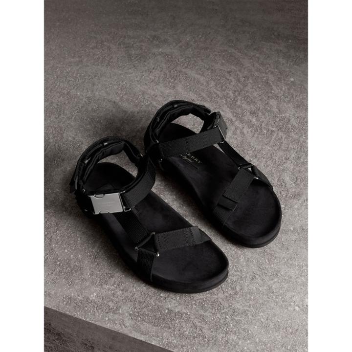 Burberry Burberry Three-point Strap Ripstop Sandals, Size: 42.5, Black