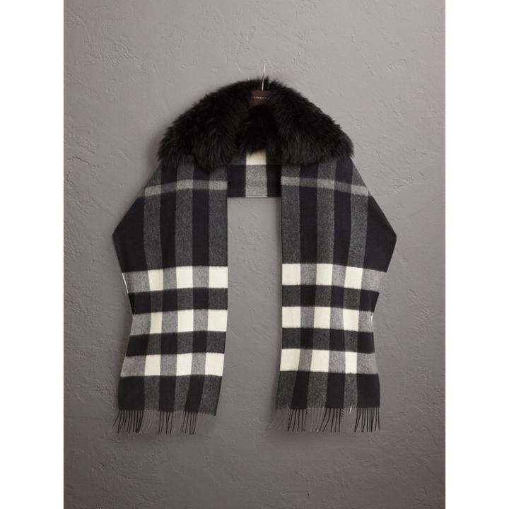 Burberry Burberry Fox Fur Trim Check Cashmere Scarf, Black