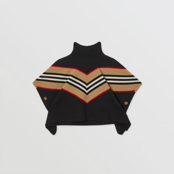 Burberry Burberry Childrens Icon Stripe Panel Wool Cashmere Blend Poncho, Black