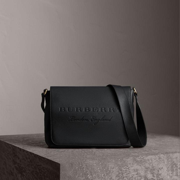 Burberry Burberry Medium Embossed Leather Messenger Bag, Black