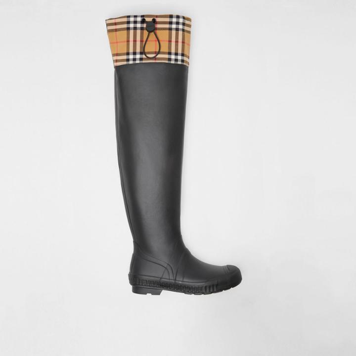 Burberry Burberry Vintage Check And Rubber Knee-high Rain Boots, Size: 39, Black