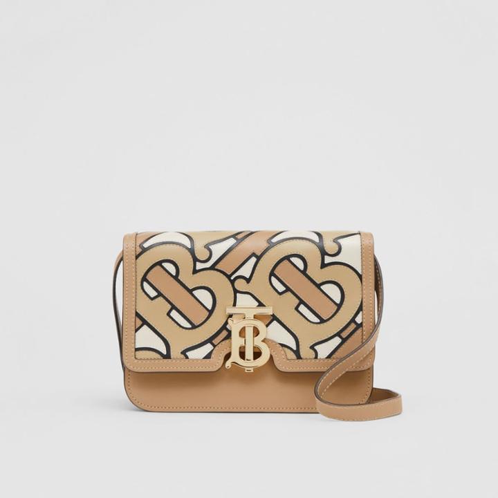 Burberry Burberry Small Monogram Intarsia Leather Tb Bag, Beige