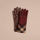 Burberry Burberry Leather And Check Cashmere Gloves, Size: 7.5, Red
