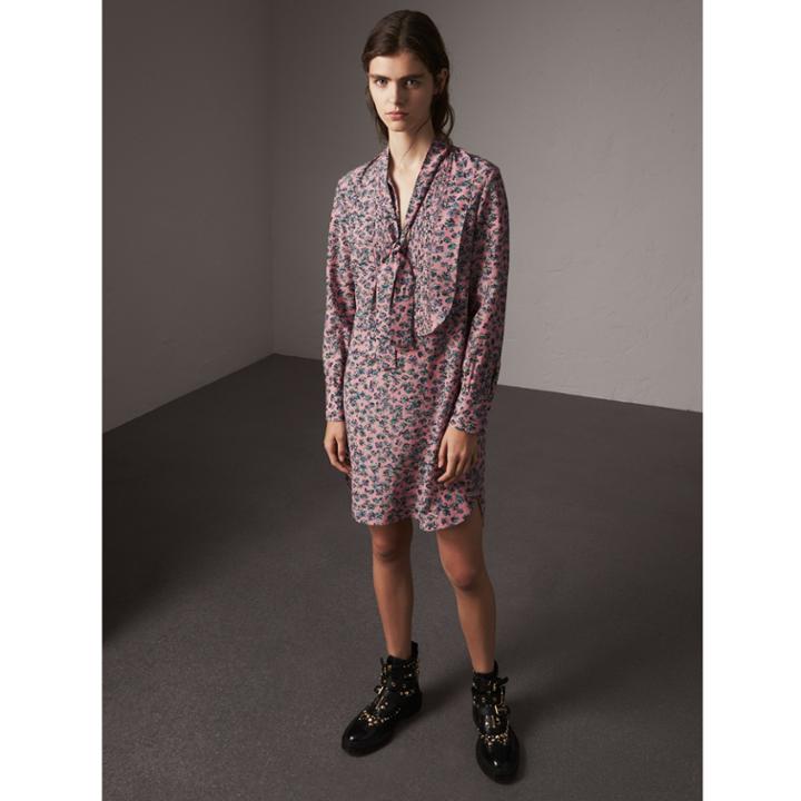 Burberry Burberry Pleated Bib Floral Tie Neck Silk Dress, Size: 06, Pink