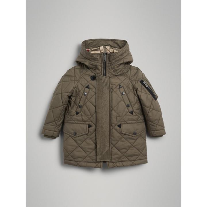 Burberry Burberry Hooded Diamond Quilted Parka, Size: 14y, Green
