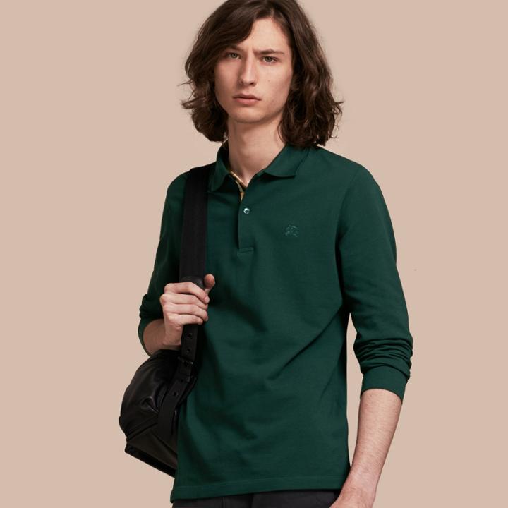 Burberry Burberry Check Placket Long Sleeve Polo Shirt, Green