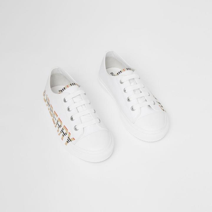 Burberry Burberry Childrens Icon Stripe Logo Print Cotton Gabardine Sneakers, Size: 35, White