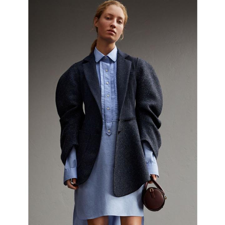 Burberry Burberry Voluminous-sleeve Herringbone Wool Coat, Size: 14, Blue