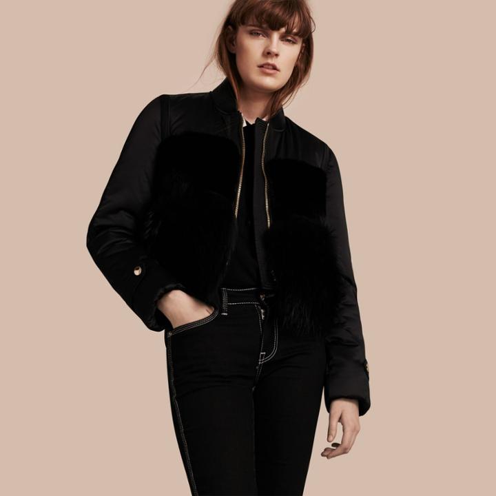 Burberry Burberry Fur-trimmed Satin Bomber Jacket, Black