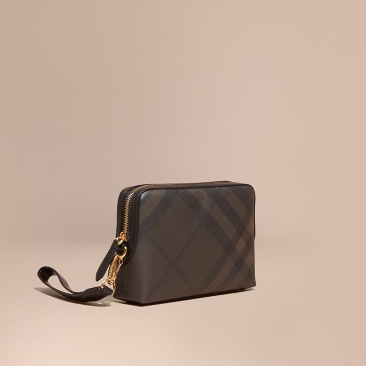 Burberry Burberry Leather-trimmed London Check Pouch, Brown