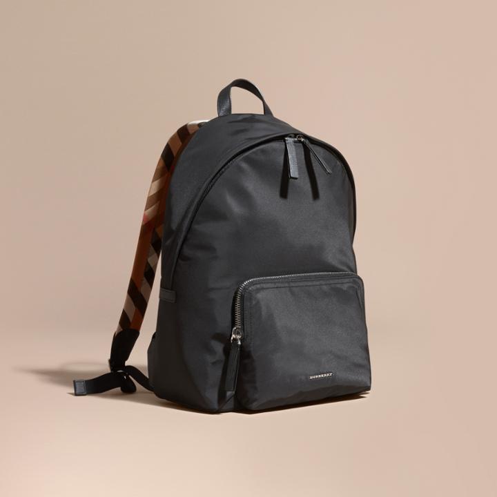 Burberry Burberry Leather Trim Nylon Backpack With Check Detail, Black