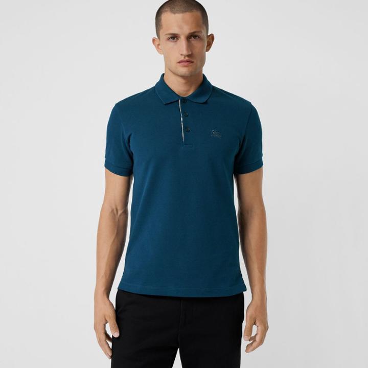 Burberry Burberry Check Placket Cotton Polo Shirt, Size: M, Blue