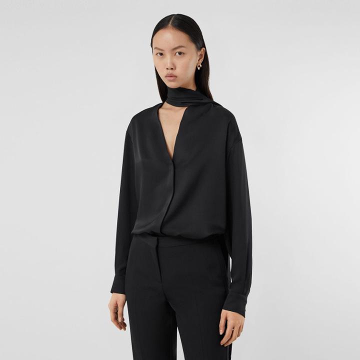 Burberry Burberry Fringed Scarf Detail Silk Satin Shirt, Size: 0, Black
