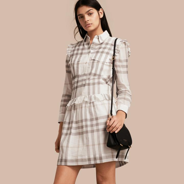 Burberry Burberry Ruffle Detail Cotton Check Shirt Dress, Size: 04, White