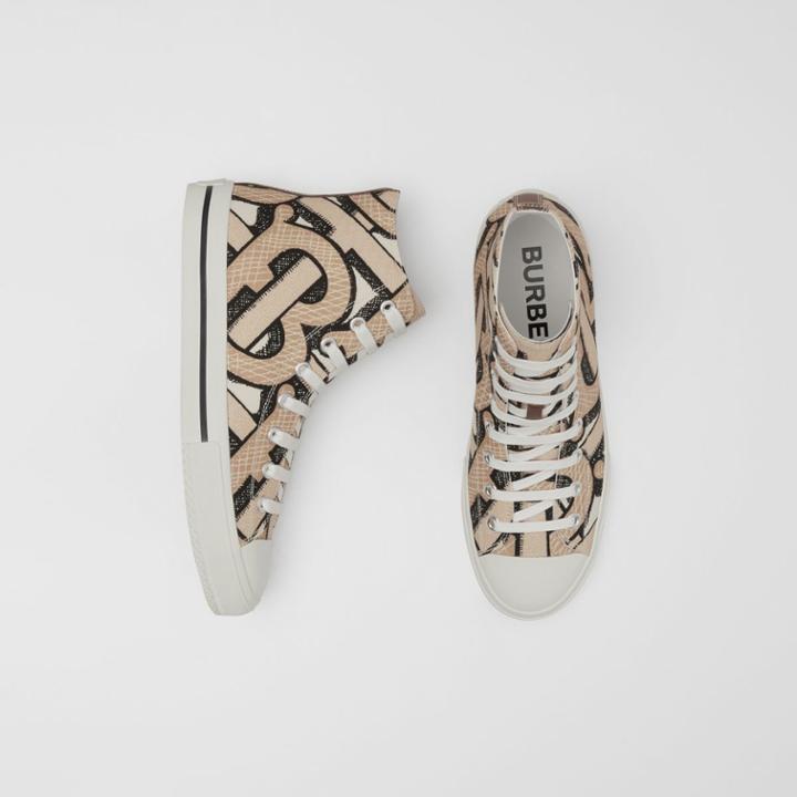 Burberry Burberry Monogram Print Cotton Canvas High-top Sneakers, Size: 43.5, Beige
