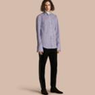 Burberry Burberry Ruffle Detail Double Cuff Striped Cotton Shirt, Size: 39, Blue