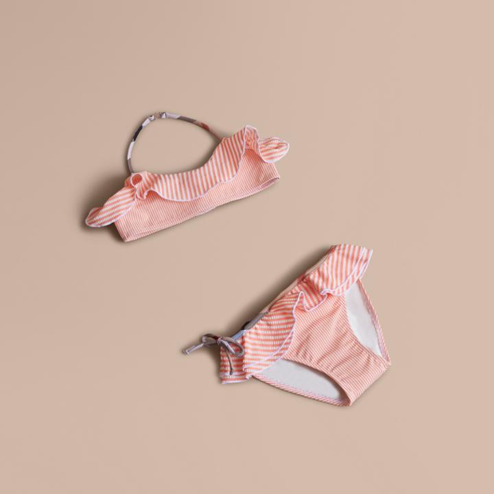 Burberry Burberry Striped Seersucker Frill Detail Bikini, Size: 14y, Orange