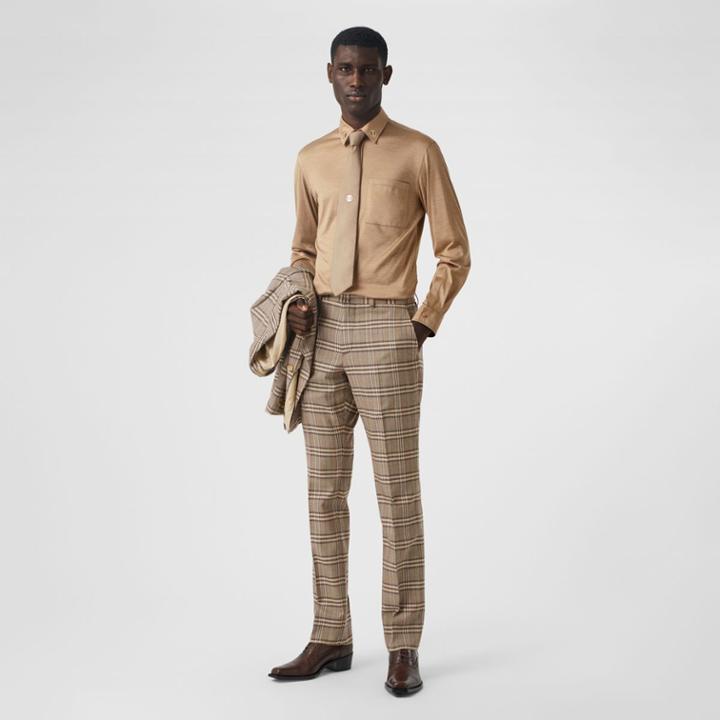 Burberry Burberry Prince Of Wales Check Wool Silk Tailored Trousers, Size: 44, Brown