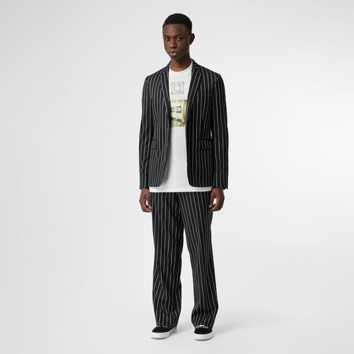 Burberry Burberry Slim Fit Press-stud Pinstriped Wool Tailored Jacket, Size: 34r, Black
