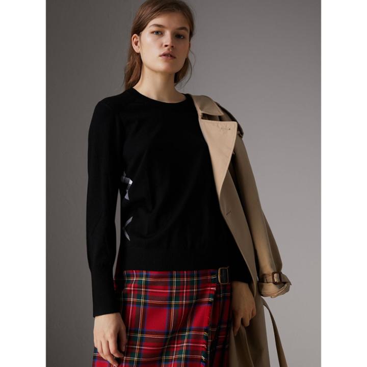 Burberry Burberry Check Detail Merino Wool Sweater, Size: Xs, Black