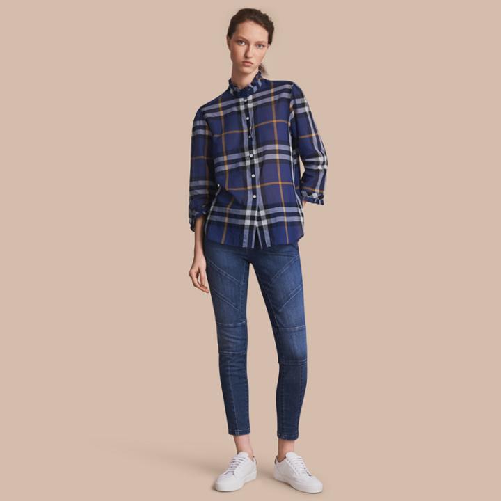 Burberry Burberry Ruffle Detail Check Cotton Shirt, Size: 06, Blue