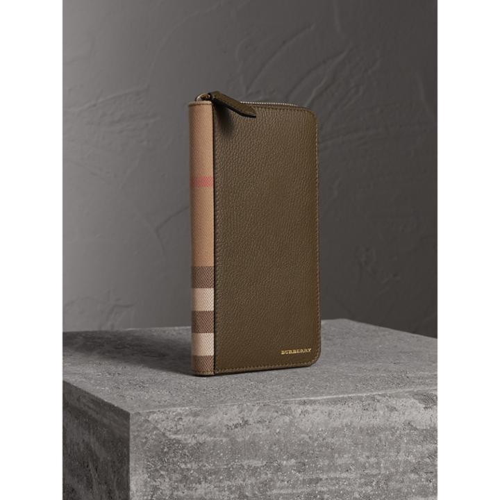 Burberry Burberry House Check And Grainy Leather Ziparound Wallet, Green