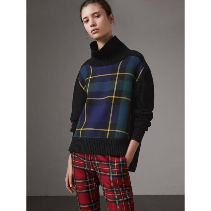 Burberry Burberry Tartan Panel Wool Cashmere Turtleneck Sweater