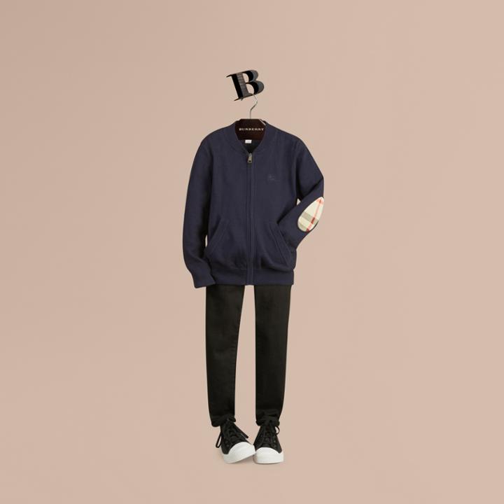 Burberry Burberry Check Elbow Patch Bomber Cardigan, Size: 14y, Blue